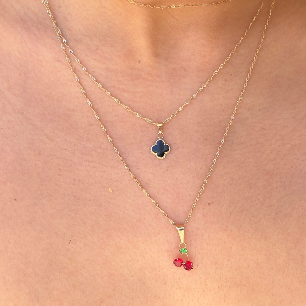 Gold 10k and Red Layered Necklace with Gemstone Accents